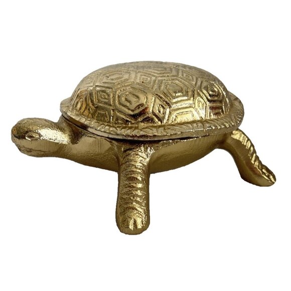 Turtle Trinket Box With Lid Gold Brass 6"L x 5"W Tortoise Shell Lover Gift - Picture 1 of 9